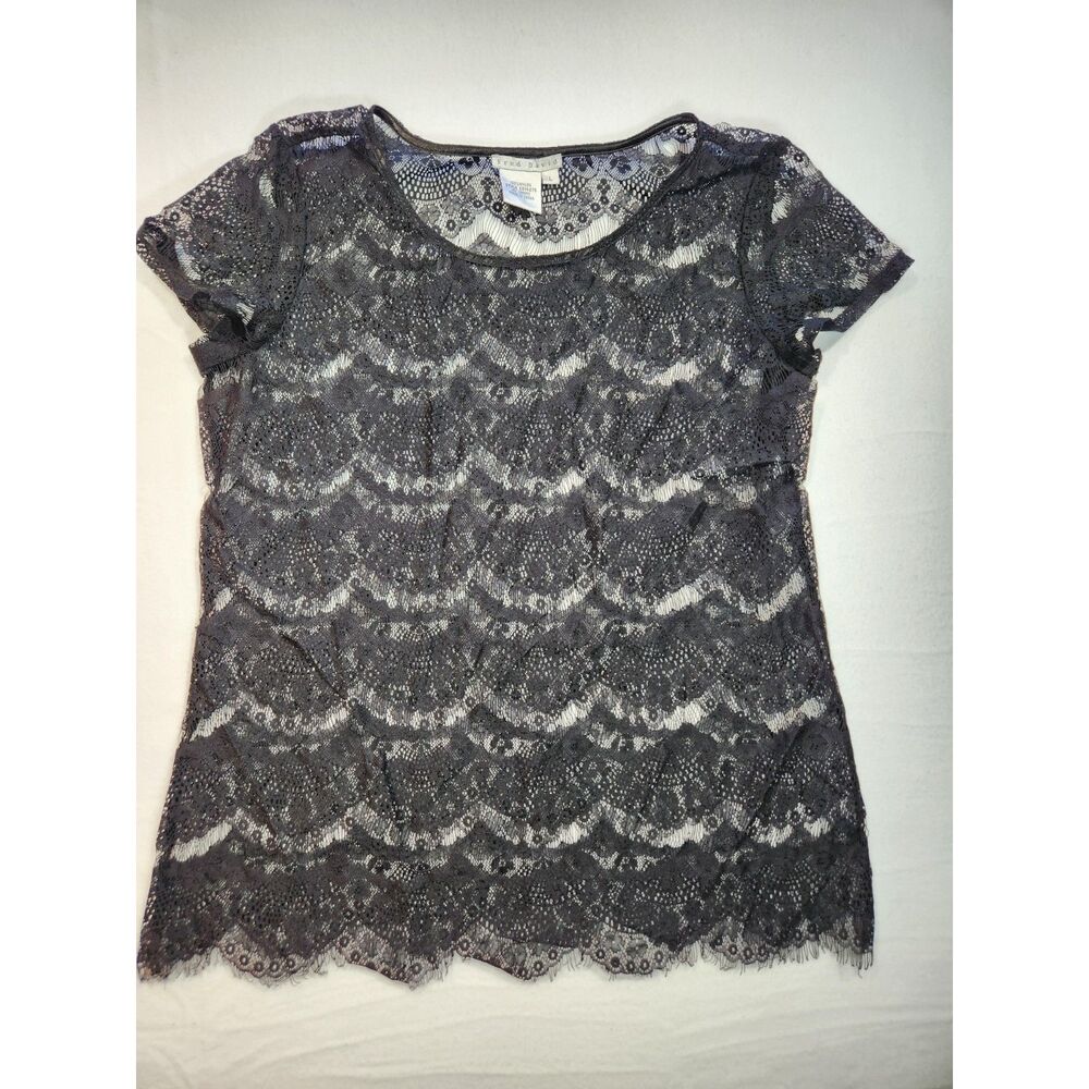 Fred David Womens Sheer Lace Top L Black Floral Short Sleeve Layering Blouse